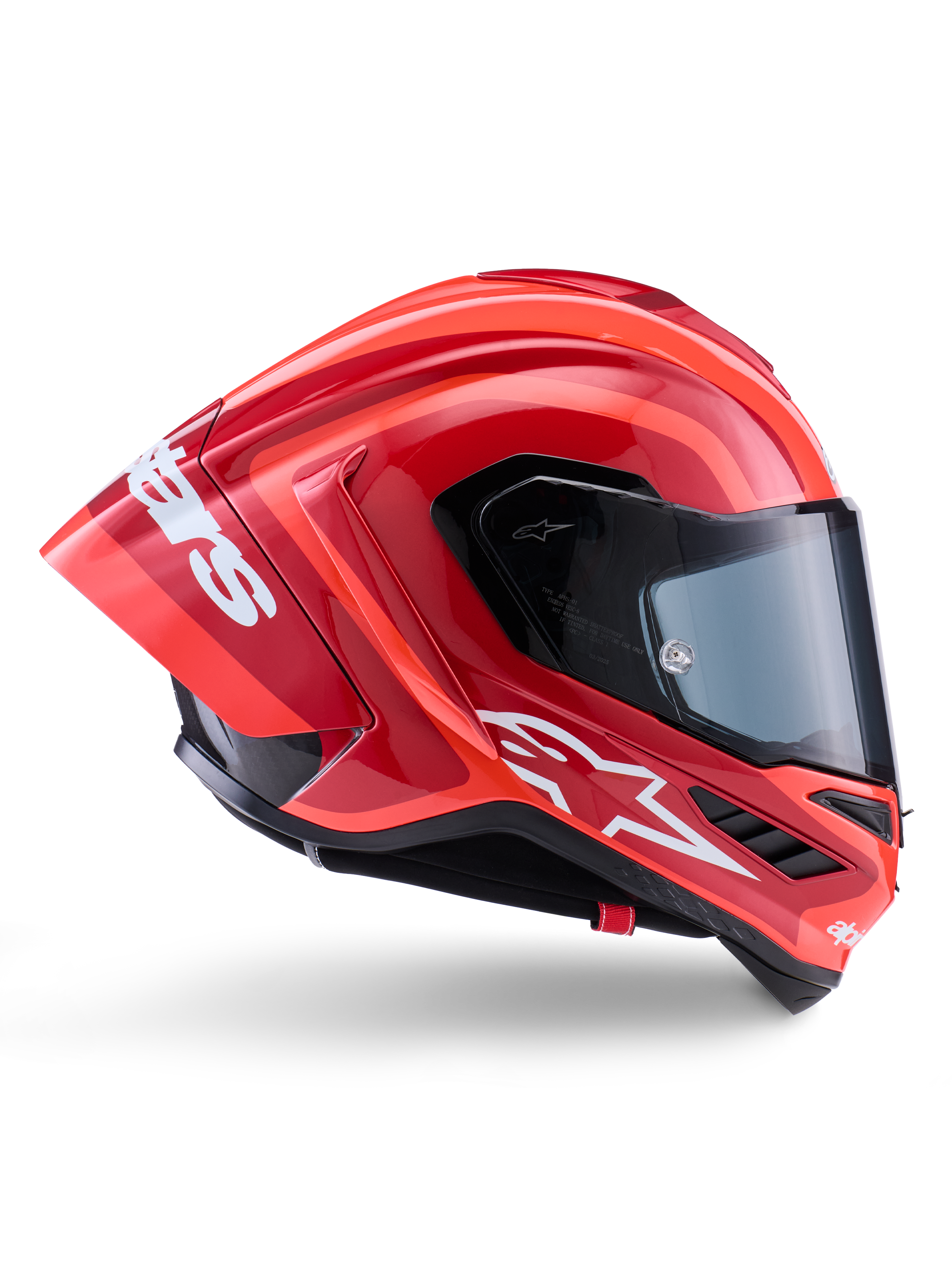 Alpinestars Supertech R10 Arius Helm, Integral-Rennhelm, Glänzendes Rot und Orange, Seitenprofilansicht mit aerodynamischem Heckspoiler, weißem Astars-Logo am Kinn und klarem Visier, entwickelt für High-Speed-Performance auf der Rennstrecke