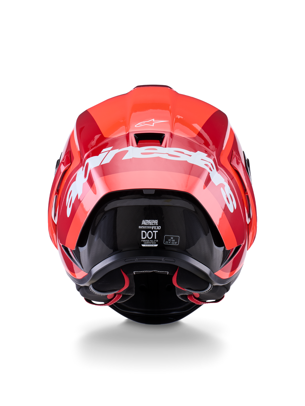 Alpinestars Supertech R10 Arius Helm, Rückansicht, Design in glänzendem Rot und Dunkelrot, großer weißer Alpinestars-Schriftzug auf der Rückseite, DOT- und ECE-Zertifizierungsetiketten sichtbar, aerodynamischer Hochleistungs-Rennhelm