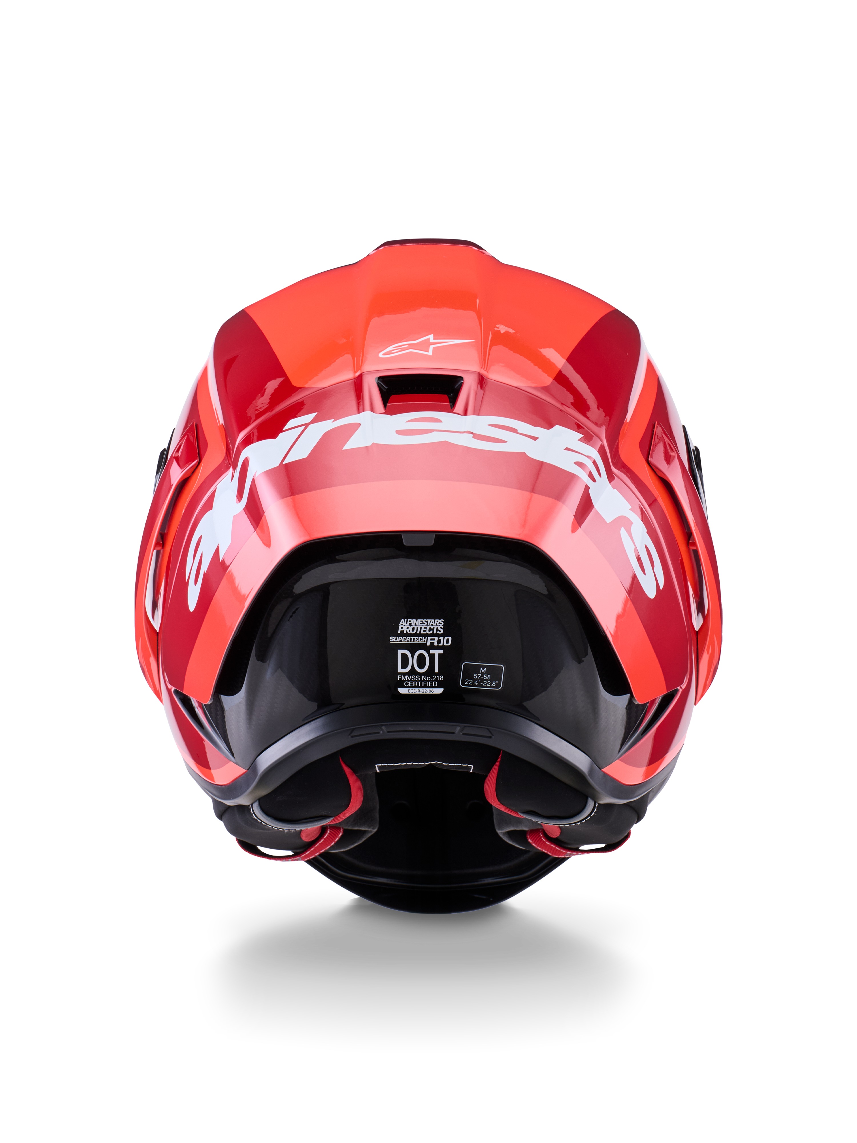 Alpinestars Supertech R10 Arius Helm, Rückansicht, Design in glänzendem Rot und Dunkelrot, großer weißer Alpinestars-Schriftzug auf der Rückseite, DOT- und ECE-Zertifizierungsetiketten sichtbar, aerodynamischer Hochleistungs-Rennhelm