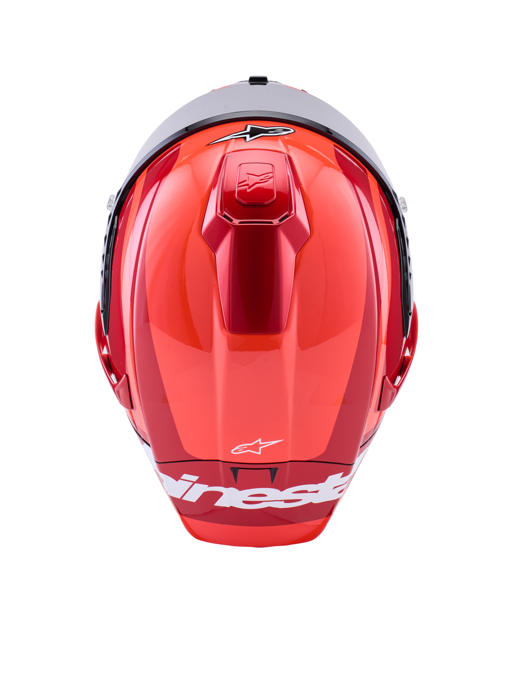 Alpinestars Supertech R10 Arius Helm, Integral-Rennhelm, Rot glänzend mit weißen Akzenten, Draufsicht mit aerodynamischen Schalenkonturen, weißem Alpinestars-Branding und integrierter oberer Belüftung