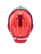 Alpinestars Supertech R10 Arius Helm, Integral-Rennhelm, Rot glänzend mit weißen Akzenten, Draufsicht mit aerodynamischen Schalenkonturen, weißem Alpinestars-Branding und integrierter oberer Belüftung