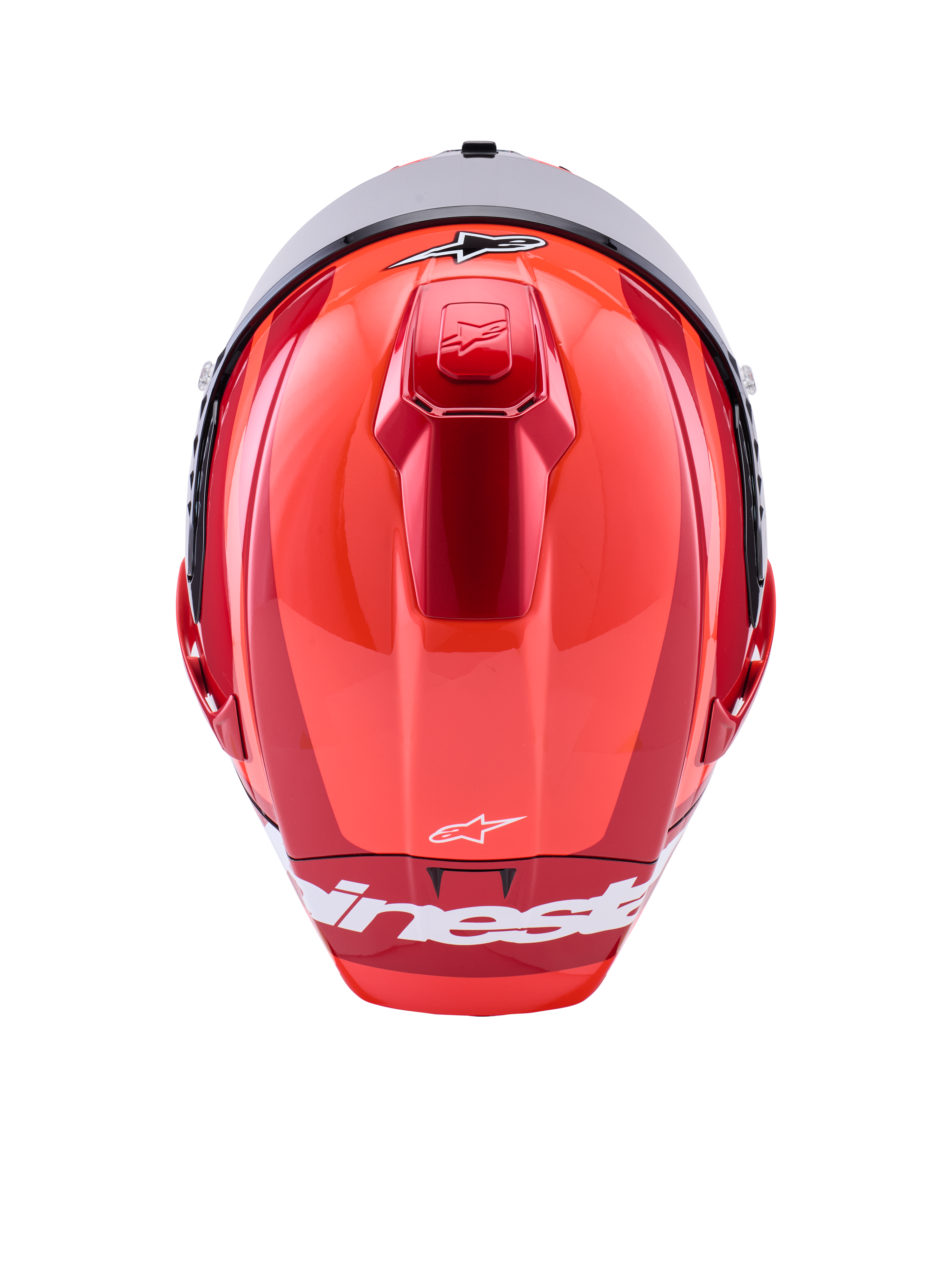 Alpinestars Supertech R10 Arius Helm, Integral-Rennhelm, Rot glänzend mit weißen Akzenten, Draufsicht mit aerodynamischen Schalenkonturen, weißem Alpinestars-Branding und integrierter oberer Belüftung