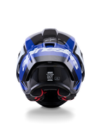 Alpinestars Supertech R10 Arius Helmet, Rear View, Black White and Blue Glossy, carbon fiber construction with bold white branding, aerodynamic shape, DOT certified label, red interior padding