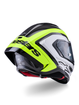 Alpinestars Supertech R10 Arius Helm, Rückansicht, Schwarz, Silber und Fluo-Gelb glänzend, Carbonschalen-Konstruktion, großer aerodynamischer Spoiler mit schwarzem Alpinestars-Schriftzug, erstklassiger Schutz auf Rennsportniveau mit elegantem Design