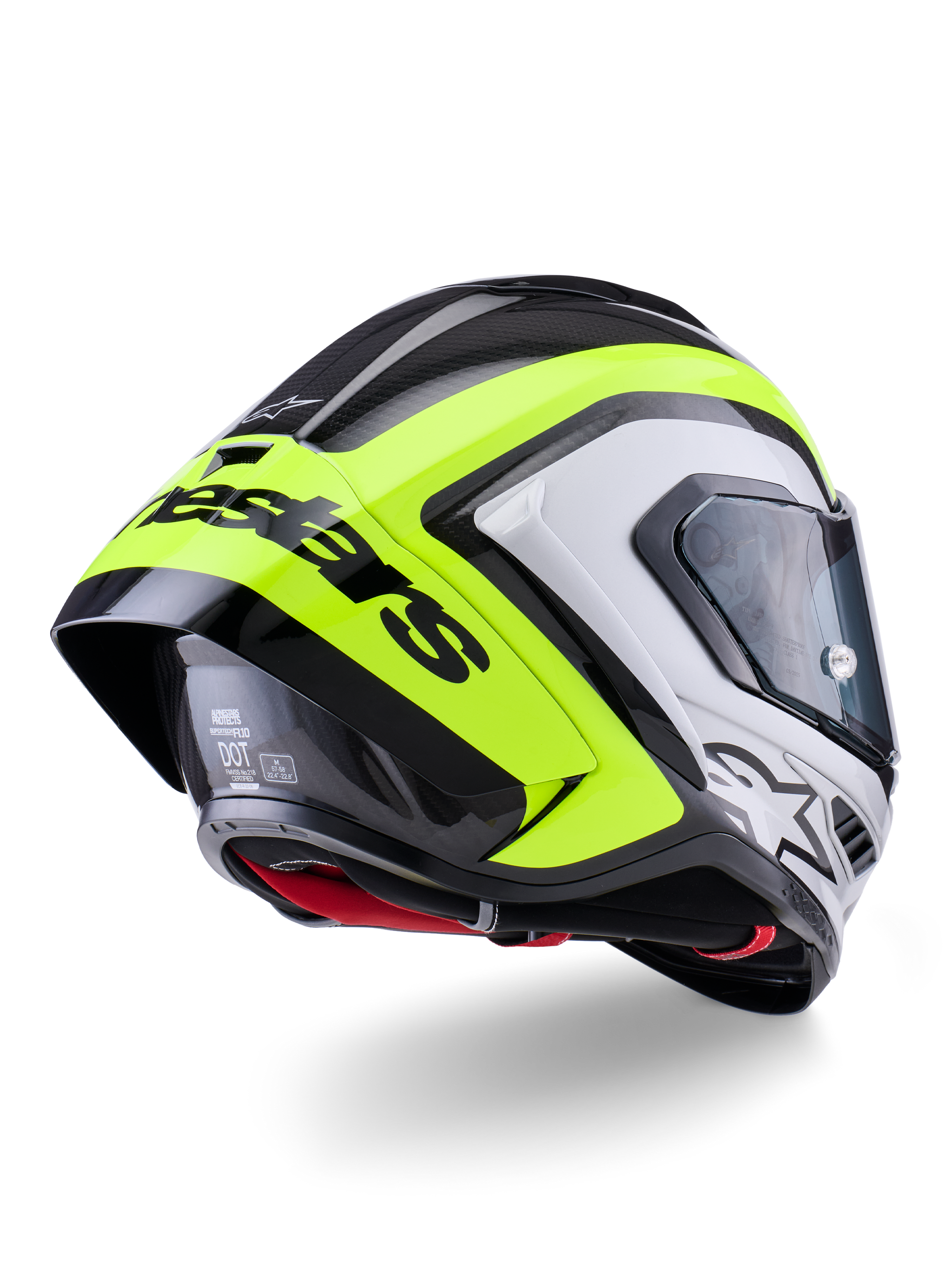 Alpinestars Supertech R10 Arius Helm, Rückansicht, Schwarz, Silber und Fluo-Gelb glänzend, Carbonschalen-Konstruktion, großer aerodynamischer Spoiler mit schwarzem Alpinestars-Schriftzug, erstklassiger Schutz auf Rennsportniveau mit elegantem Design