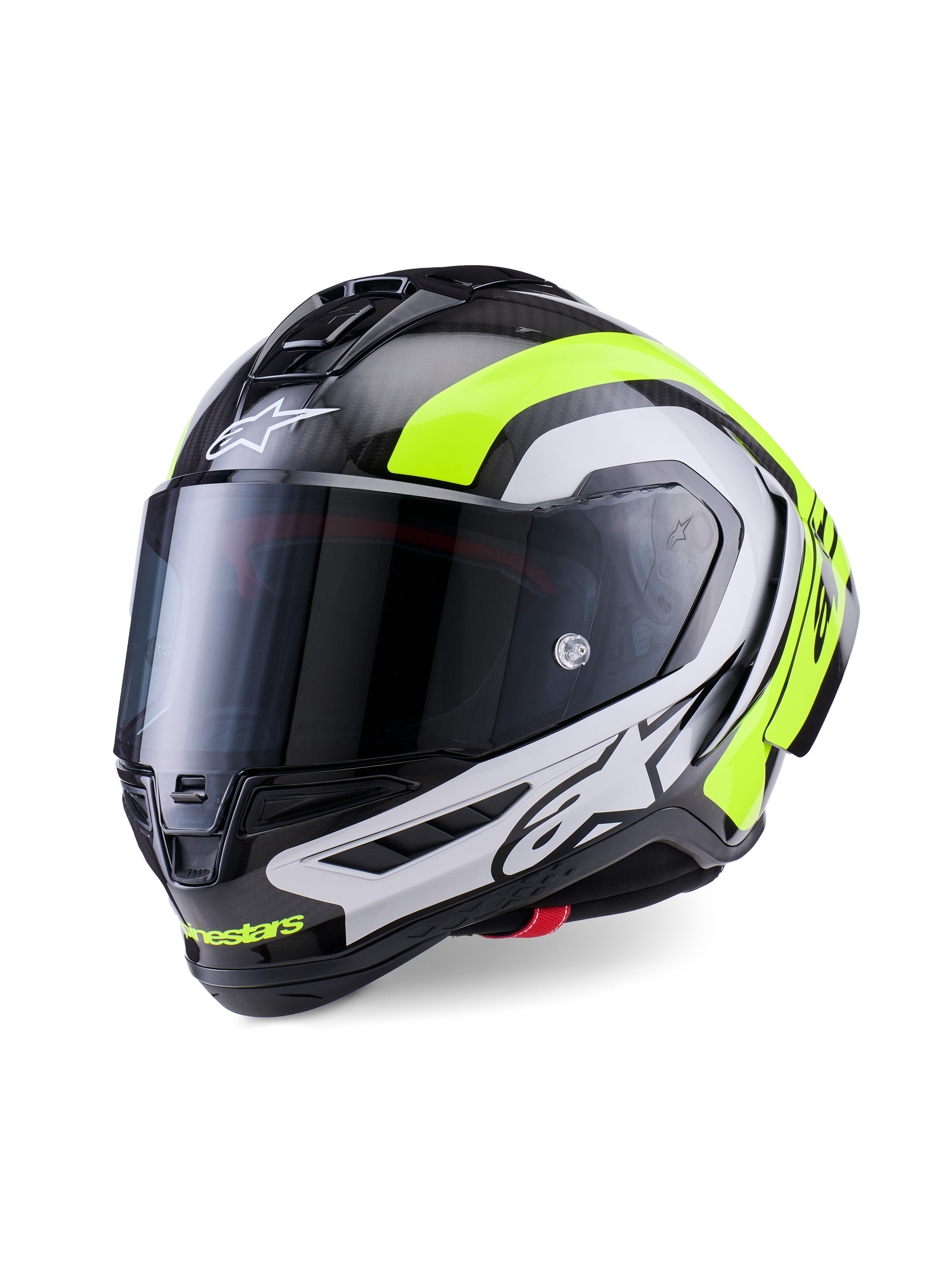 Alpinestars Supertech R10 Arius Helm, professioneller Motorrad-Rennhelm, glänzendes schwarzes Carbon mit Akzenten in Silber und fluoreszierendem Gelb, mit dunkel getöntem Visier, aerodynamischen Winglets und markantem Alpinestars-Branding