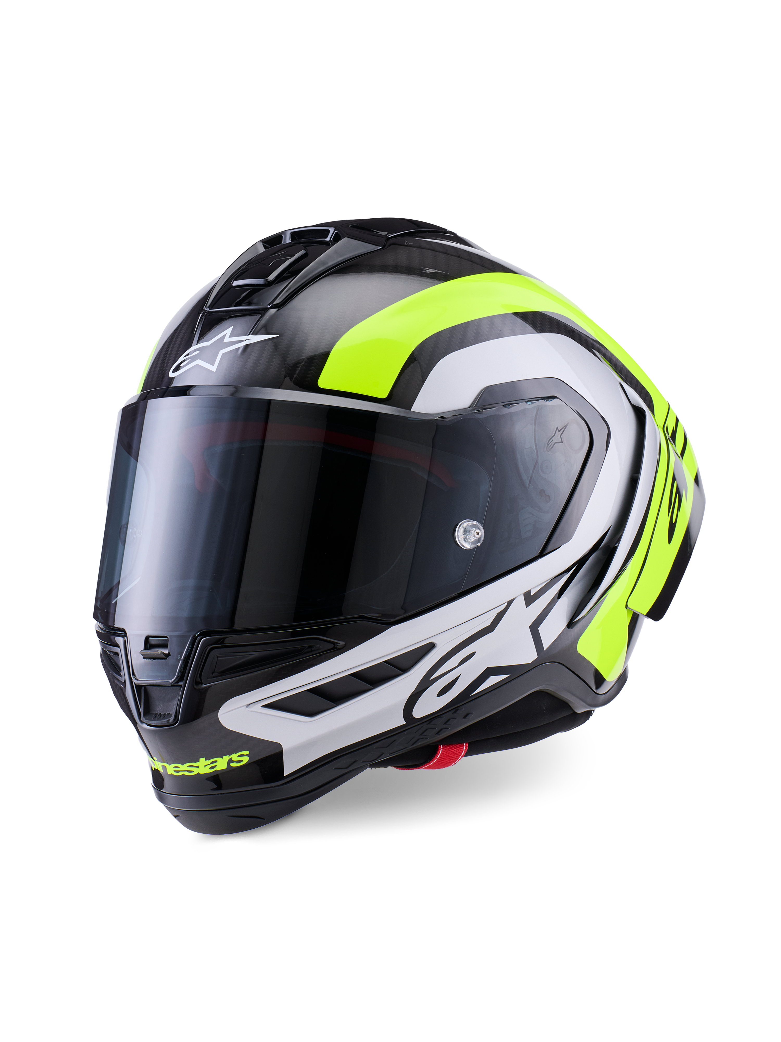 Alpinestars Supertech R10 Arius Helmet, professional racing motorcycle helmet, Glossy Black Carbon with Silver and Fluorescent Yellow accents, featuring a dark smoke visor, aerodynamic winglets, and bold Alpinestars branding