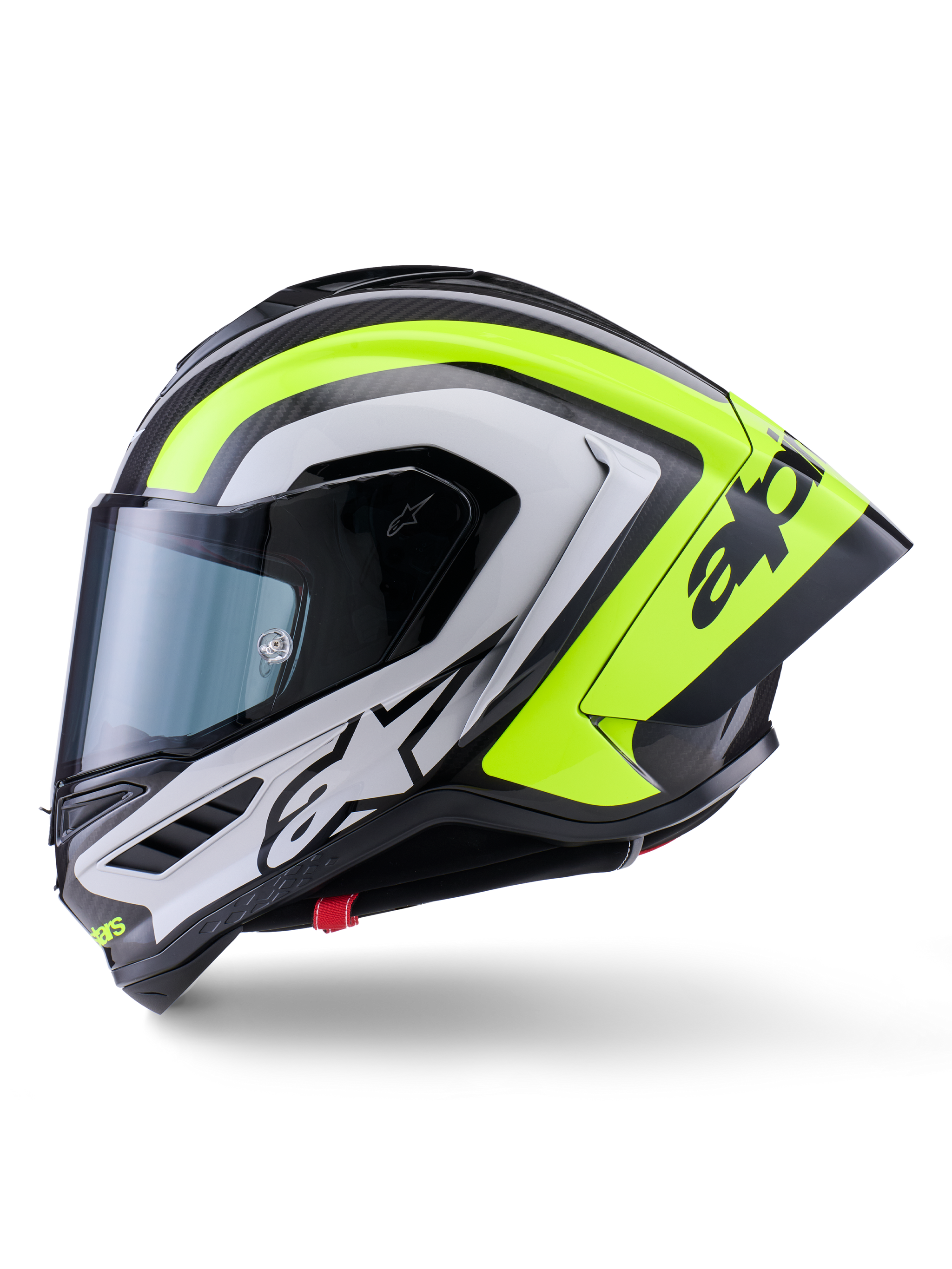 Alpinestars Supertech R10 Arius Helm, Rennsport-Motorradhelm, Schwarz, Silber und Gelb Fluo Glänzend, Seitenansicht, aerodynamischer Heckspoiler, Carbonfaser-Konstruktion, markantes Branding und getöntes Visier.
