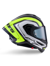 Alpinestars Supertech R10 Arius Helm, Integral-Rennhelm, Schwarz, Silber und Fluo-Gelb glänzend, Seitenprofilansicht mit aerodynamischer Schale und dunkel getöntem Visier, Carbonfaser-Konstruktion mit markantem Branding