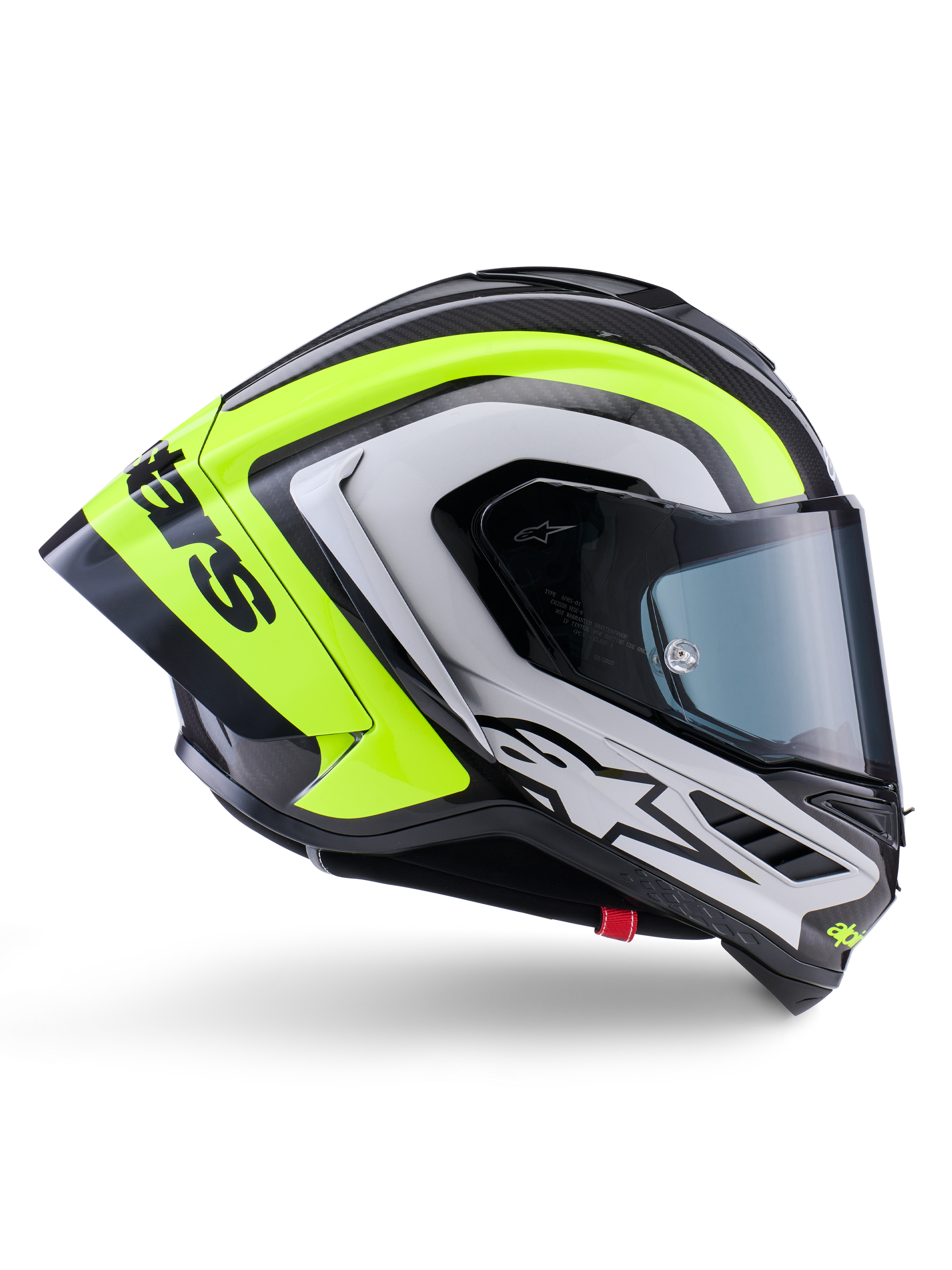 Alpinestars Supertech R10 Arius Helm, Integral-Rennhelm, Schwarz, Silber und Fluo-Gelb glänzend, Seitenprofilansicht mit aerodynamischer Schale und dunkel getöntem Visier, Carbonfaser-Konstruktion mit markantem Branding
