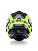 Alpinestars Supertech R10 Arius Helm, Rückansicht, Schwarz, Silber und Fluo-Gelb Glänzend, Hochleistungs-Rennhelm mit Multi-Composite-Carbonschale, aerodynamischem Design und markantem Markenlogo auf der Rückseite.