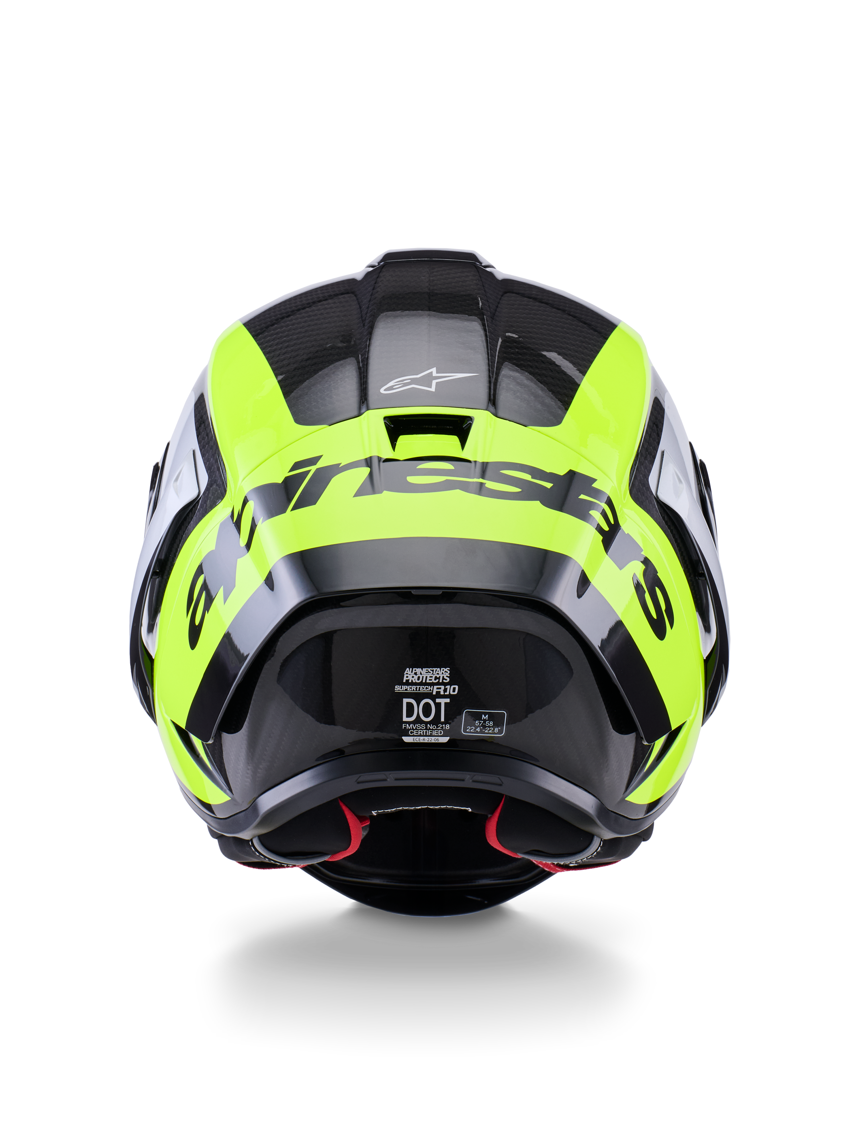 Alpinestars Supertech R10 Arius Helmet, Rear View, Black Silver and Yellow Fluo Glossy, high-performance racing helmet with multi-composite carbon shell, aerodynamic design, and bold brand logo across the back.