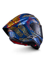 Alpinestars Supertech R10 Martinator Thai-Helm, glänzendes Blau mit goldenen Mandalamustern und hinterem Spoiler.