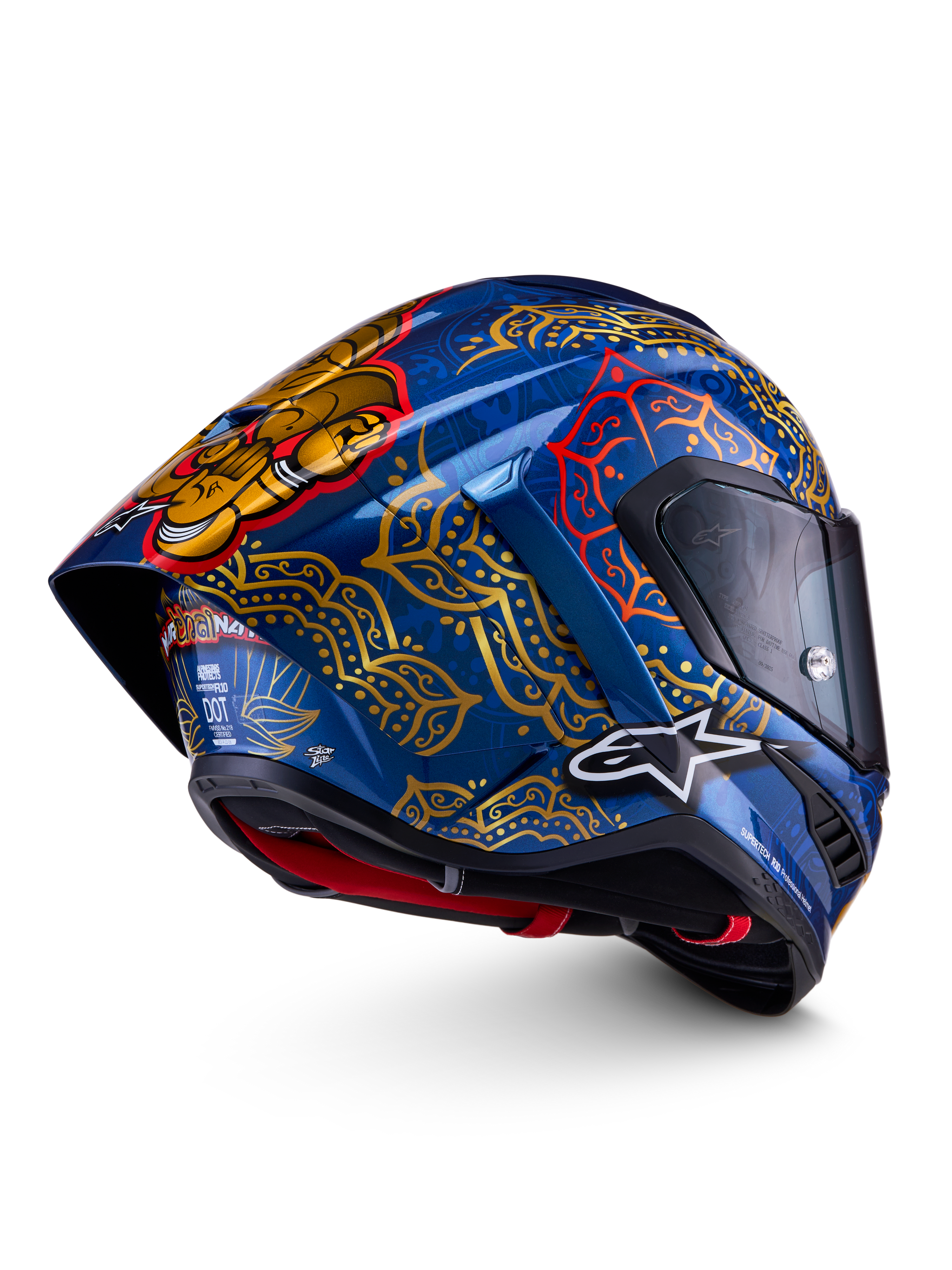 Alpinestars Supertech R10 Martinator Thai-Helm, glänzendes Blau mit goldenen Mandalamustern und hinterem Spoiler.