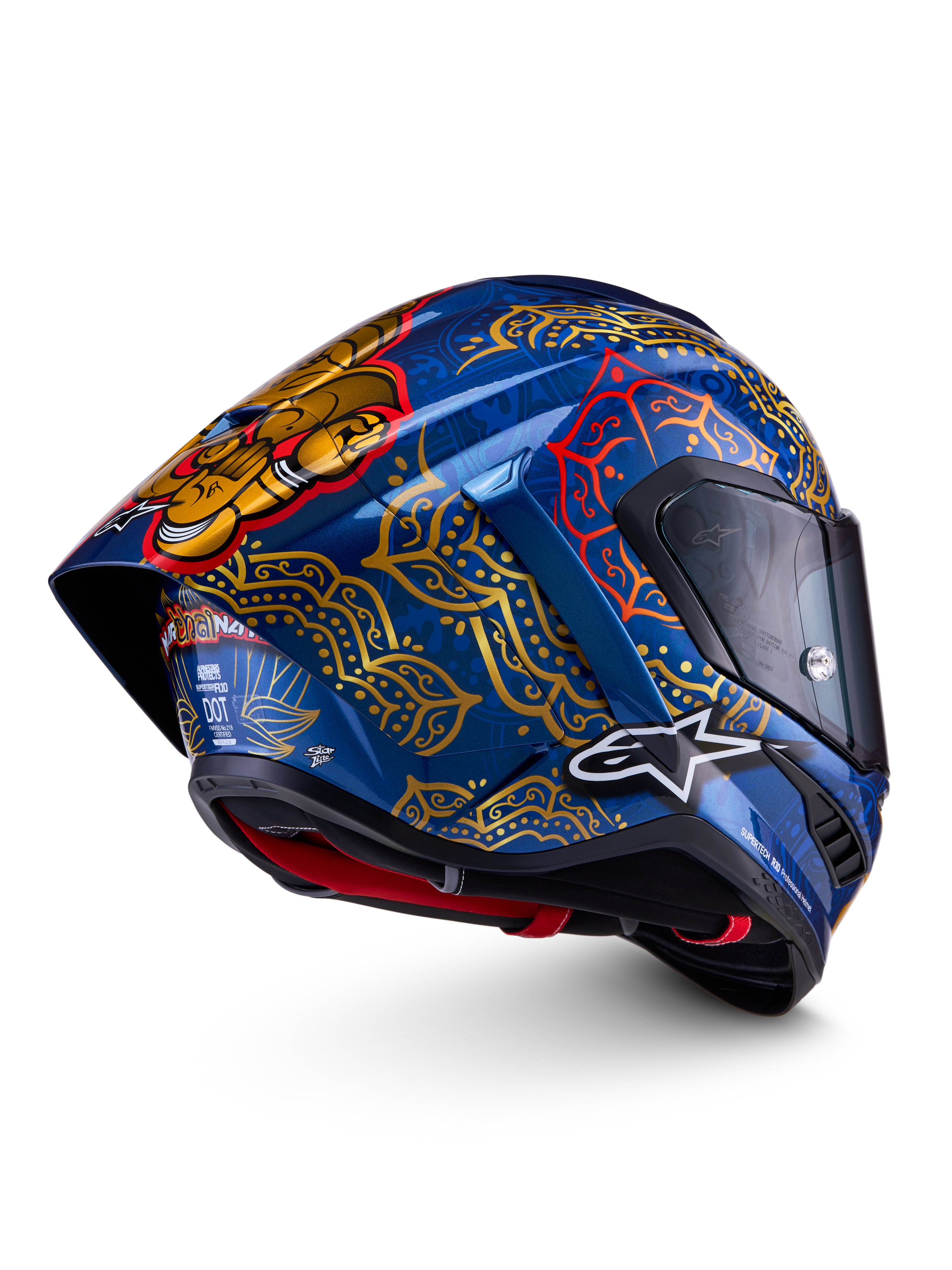 Alpinestars Supertech R10 Martinator Thai Helm, Renn-Integralhelm, Blau und Gold, Carbonschale, FIM- und ECE-zertifiziert