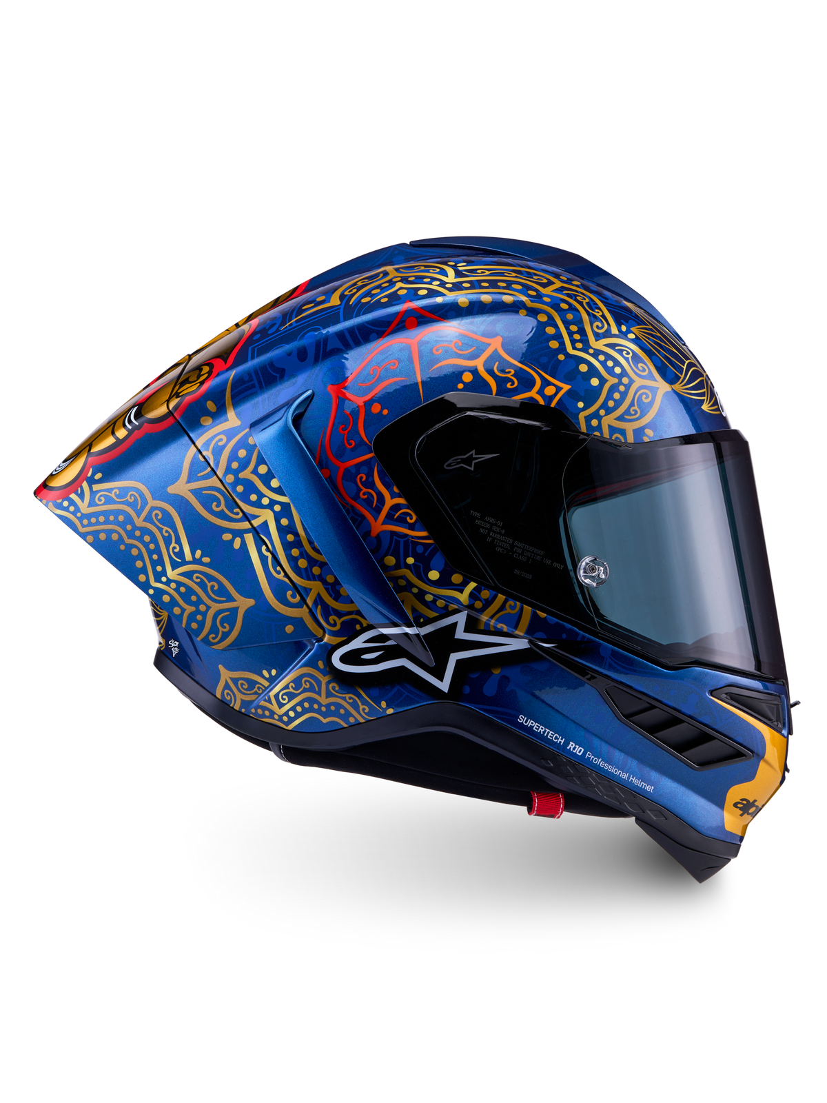 Alpinestars Limited Edition Supertech R10 Martinator Thai Helmet, blue and gold carbon shell, MotoGP racing, FIM certified.