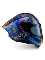 Alpinestars Supertech R10 Martinator Thai Helm, blaues Glanzcarbon mit goldenen Mandalas und Rennprofil.