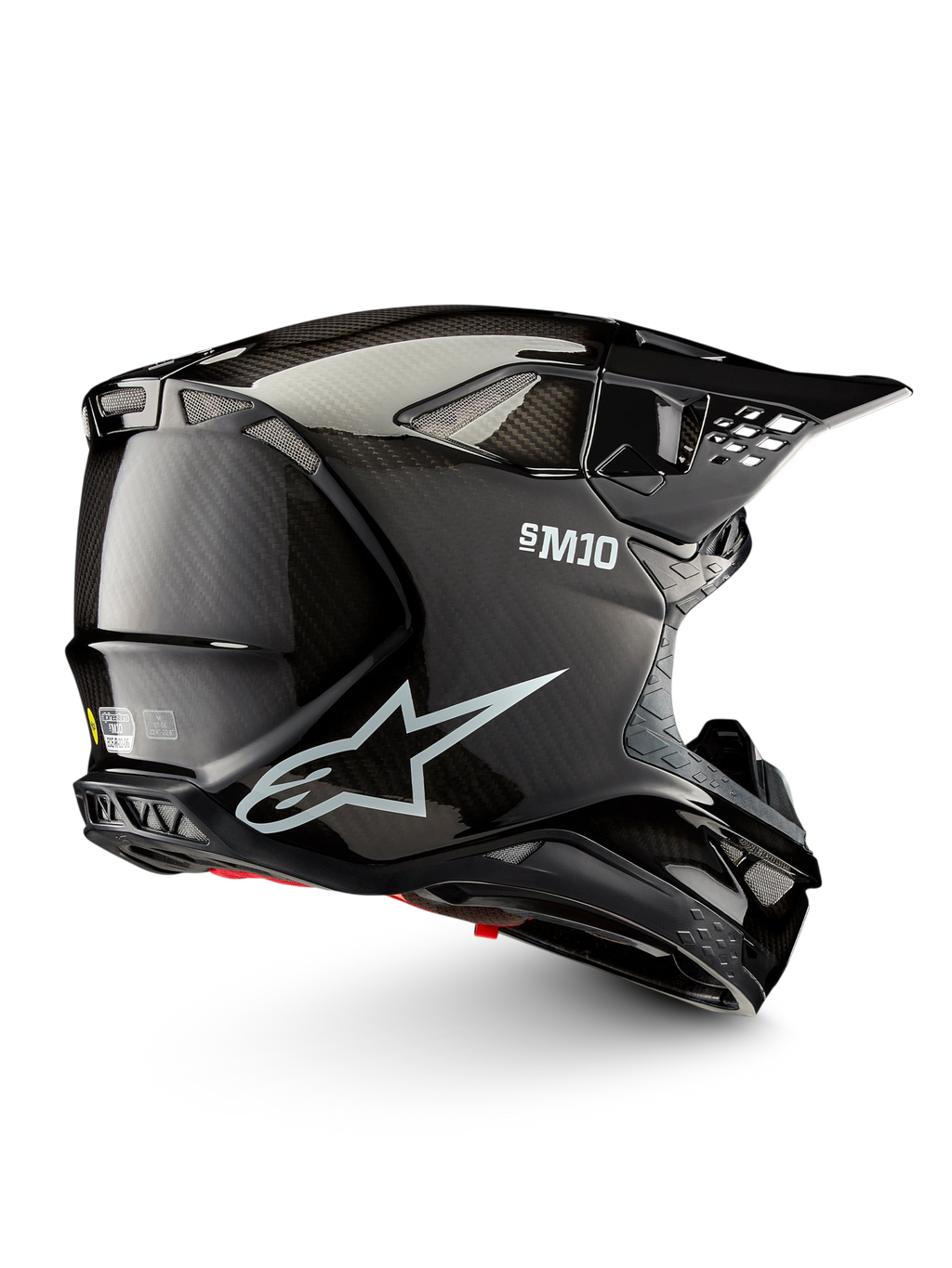 Alpinestars Supertech M10 Solid Helm ECE 22.06, schwarzer, glänzender Carbon-Motocrosshelm in Seitenansicht mit Belüftungsöffnungen und Helmschirm, ECE 22.06-zertifiziert