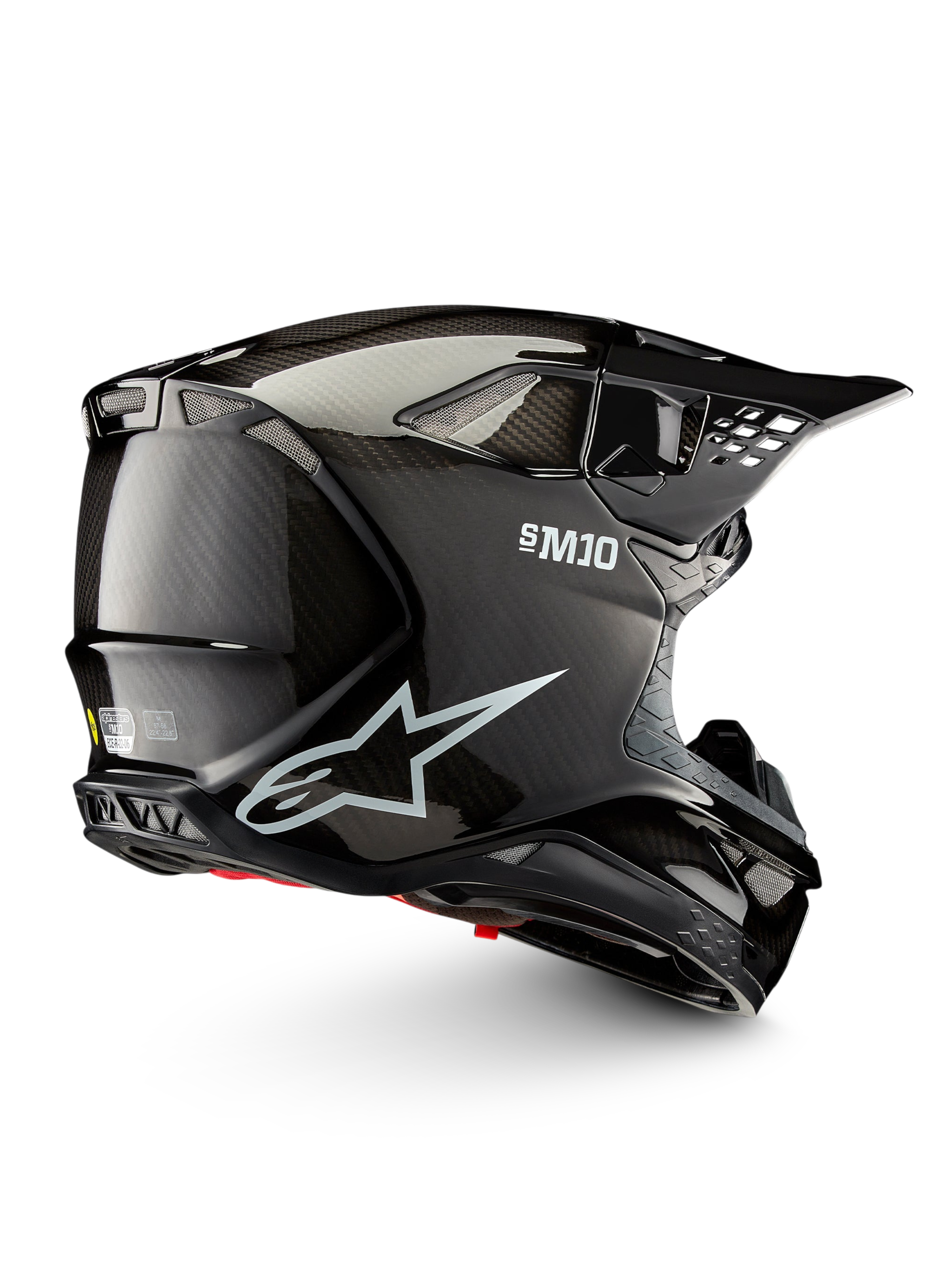 Alpinestars Supertech M10 Solid Helm ECE 22.06, schwarzer, glänzender Carbon-Motocrosshelm in Seitenansicht mit Belüftungsöffnungen und Helmschirm, ECE 22.06-zertifiziert