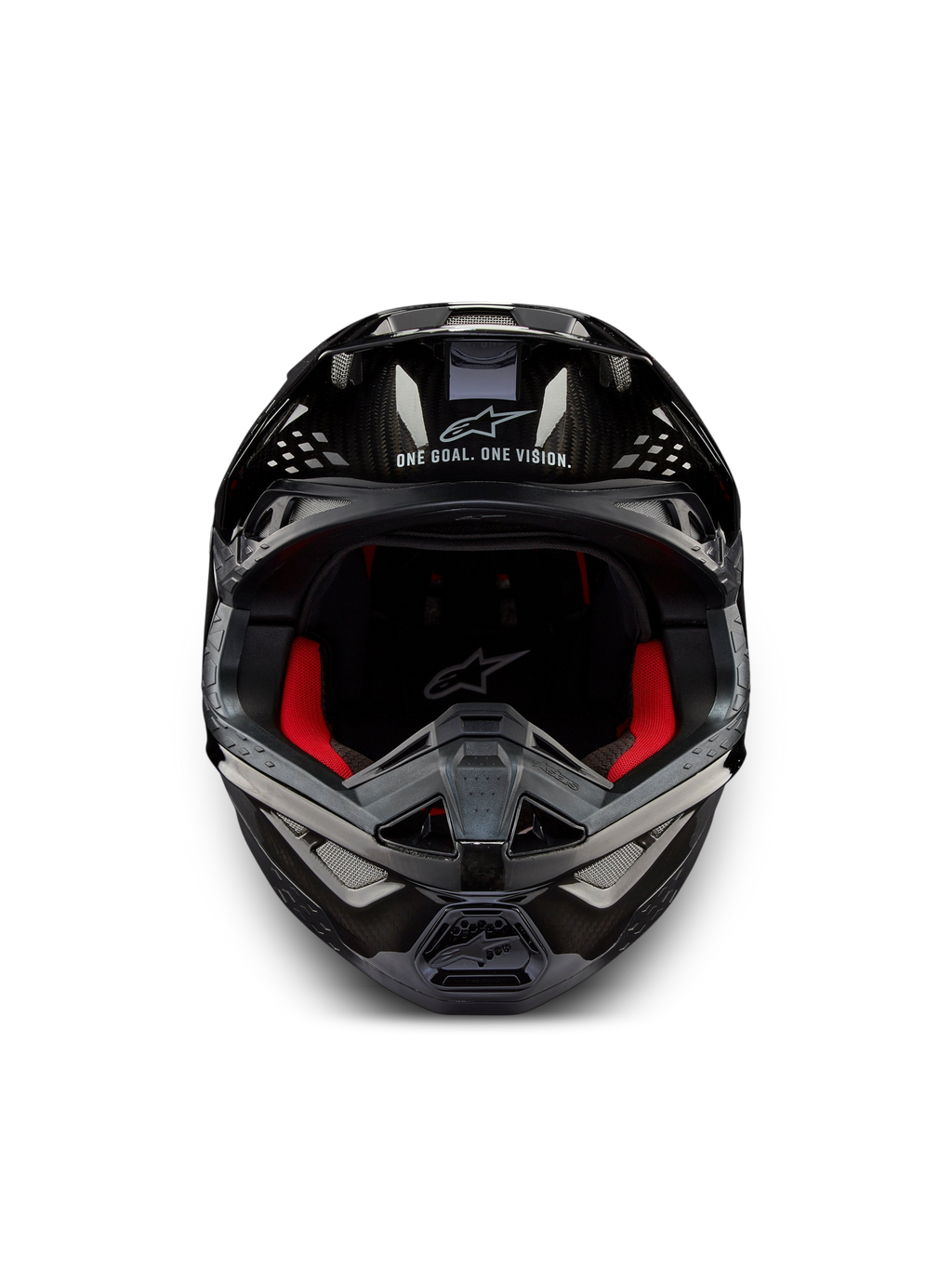 Alpinestars Supertech M10 Solid Helm ECE 22.06, schwarzer glänzender Carbon-Motocrosshelm, Vorderansicht mit roten Innenpolstern und Belüftungsöffnungen