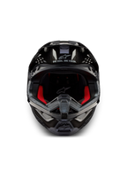 Alpinestars Supertech M10 Solid Helm ECE 22.06, schwarzer glänzender Carbon-Motocrosshelm, Vorderansicht mit roten Innenpolstern und Belüftungsöffnungen