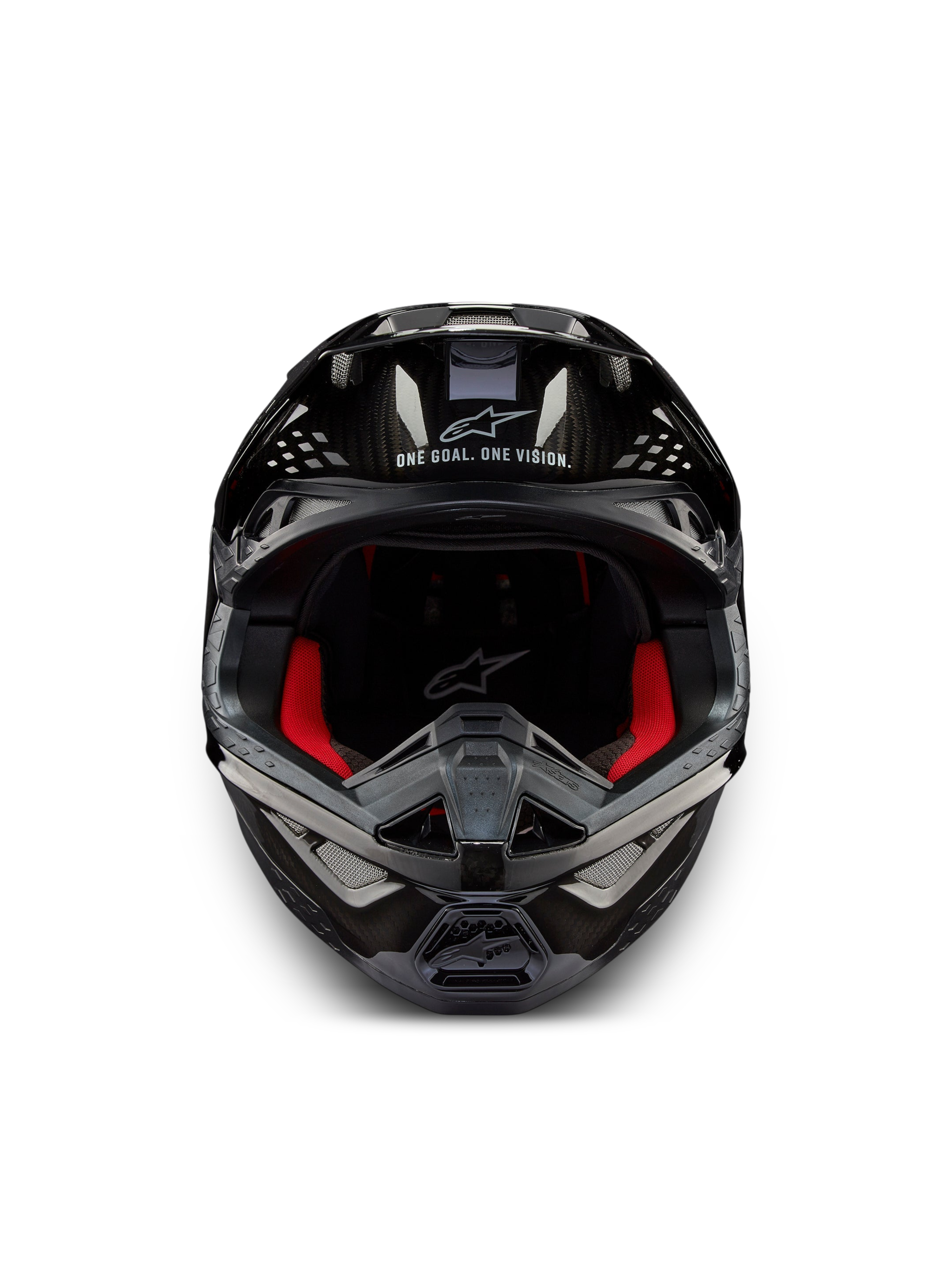Alpinestars Supertech M10 Solid Helm ECE 22.06, schwarzer glänzender Carbon-Motocrosshelm, Vorderansicht mit roten Innenpolstern und Belüftungsöffnungen