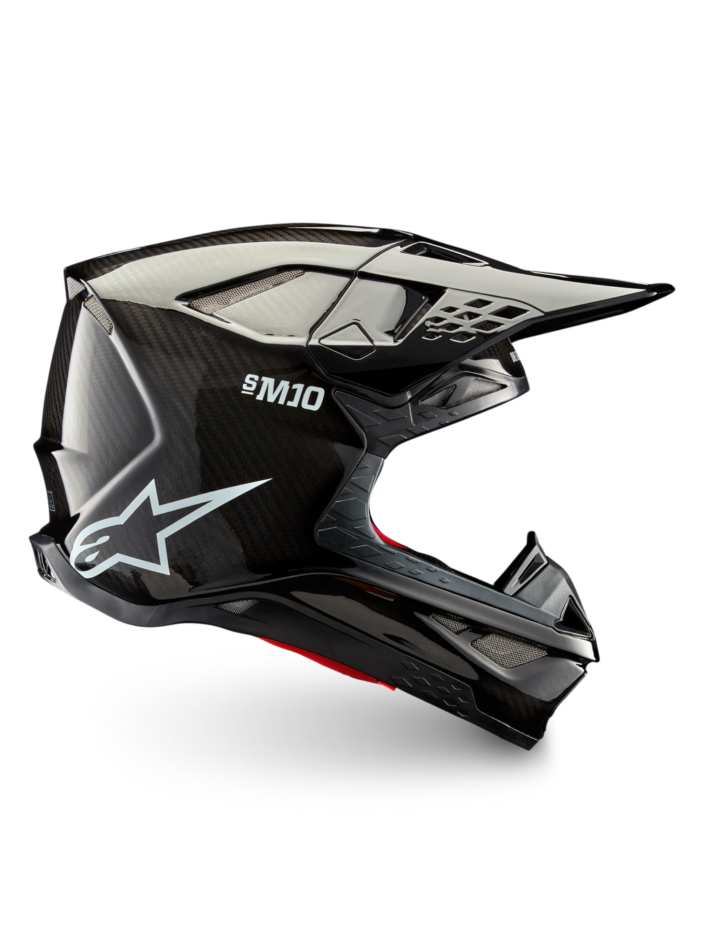 Alpinestars Supertech M10 Solid Helm ECE 22.06, schwarzer glänzender Carbon-Motocrosshelm mit Carbon-Schale, Visier und Belüftungsöffnungen für Offroad-Fahrten