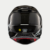 Alpinestars Supertech M10 Solid Helm, Schwarz Glänzendes Carbon, Rückansicht mit glänzendem Carbonfaser-Gewebe, weißes Alpinestars-Logo, MIPS- und ECE-Zertifizierungsaufkleber, aerodynamische Form mit Belüftungsöffnungen