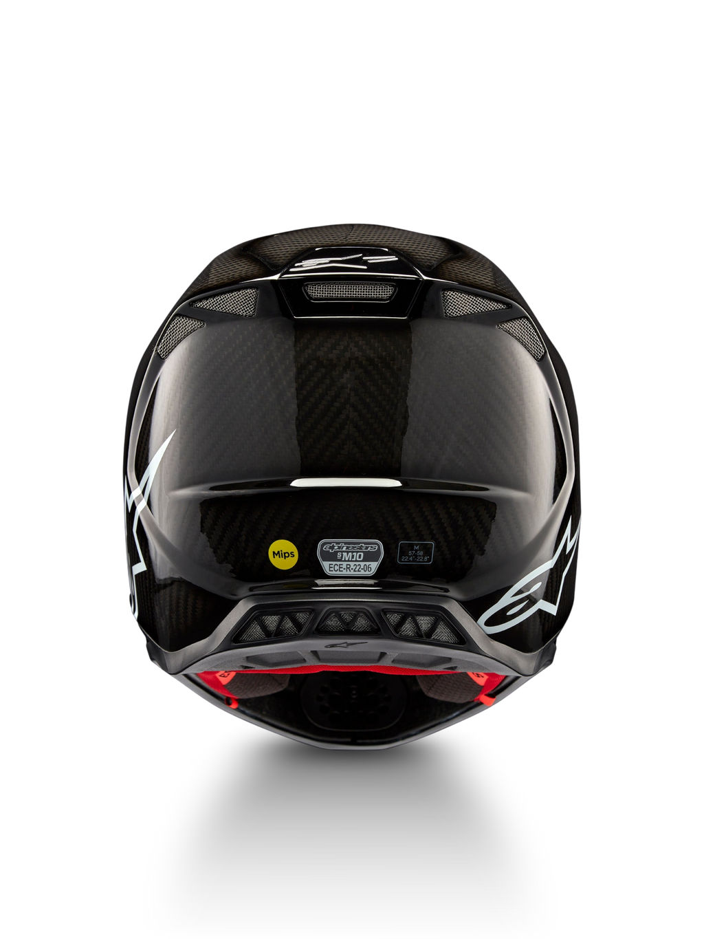 Alpinestars Supertech M10 Solid Helm ECE 22.06, schwarzer glänzender Carbon-Motocross-Helm mit weißen Grafiken, Rückansicht mit Belüftungsöffnungen sowie sichtbaren MIPS- und ECE-R-22.06-Kennzeichnungen