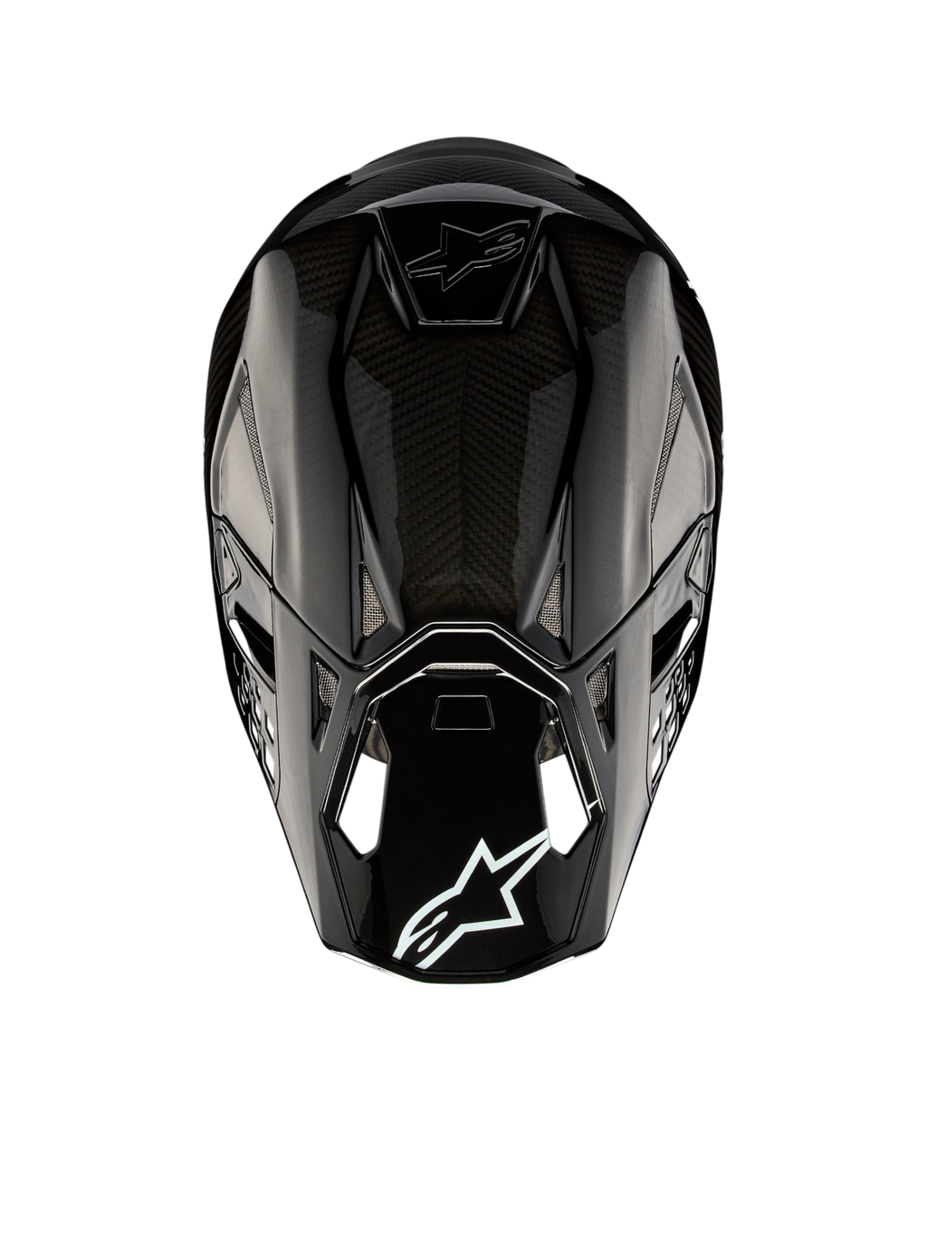 Alpinestars Supertech M10 Solid Helm ECE 22.06, schwarzer glänzender Carbon-Motocross-Helm, Rückansicht mit Carbon-Schale, Belüftungsöffnungen und Alpinestars-Logo, ECE-zertifiziert