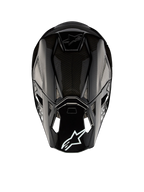 Alpinestars Supertech M10 Solid Helm ECE 22.06, schwarzer glänzender Carbon-Motocross-Helm, Rückansicht mit Carbon-Schale, Belüftungsöffnungen und Alpinestars-Logo, ECE-zertifiziert