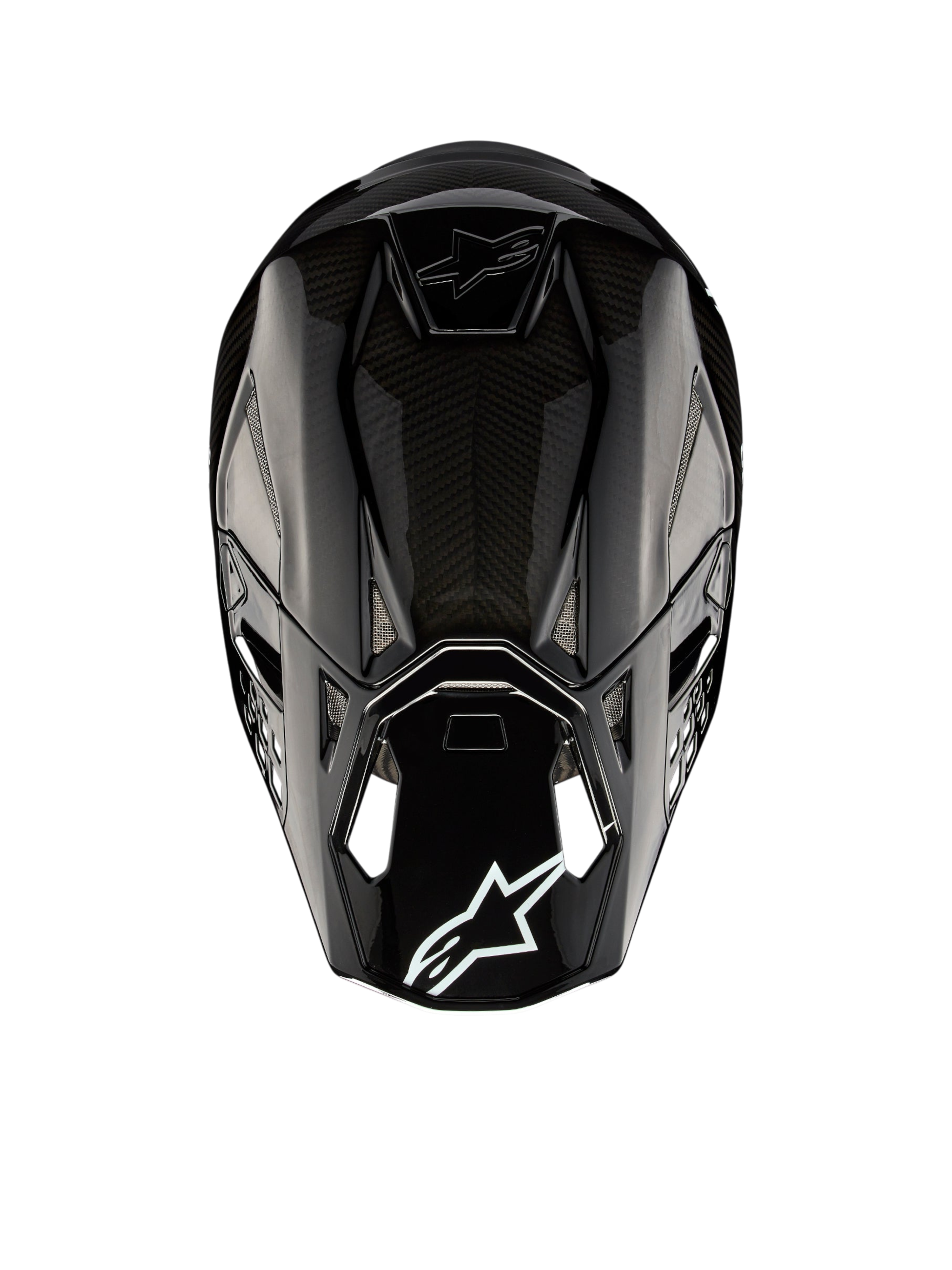Alpinestars Supertech M10 Solid Helm ECE 22.06, schwarzer glänzender Carbon-Motocross-Helm, Rückansicht mit Carbon-Schale, Belüftungsöffnungen und Alpinestars-Logo, ECE-zertifiziert