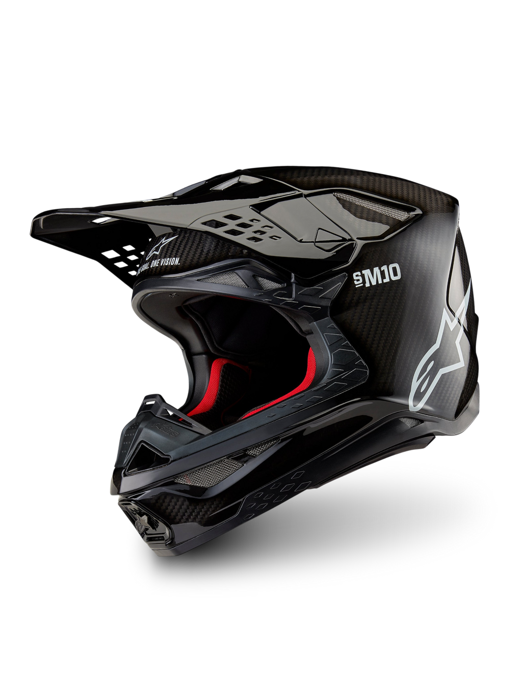 Alpinestars Supertech M10 Solid Helm ECE 22.06, glänzend schwarzer Carbon-Motocross-Helm mit Carbonfaserschale, Peak-Visier und rotem Innenfutter, Dreiviertelansicht.