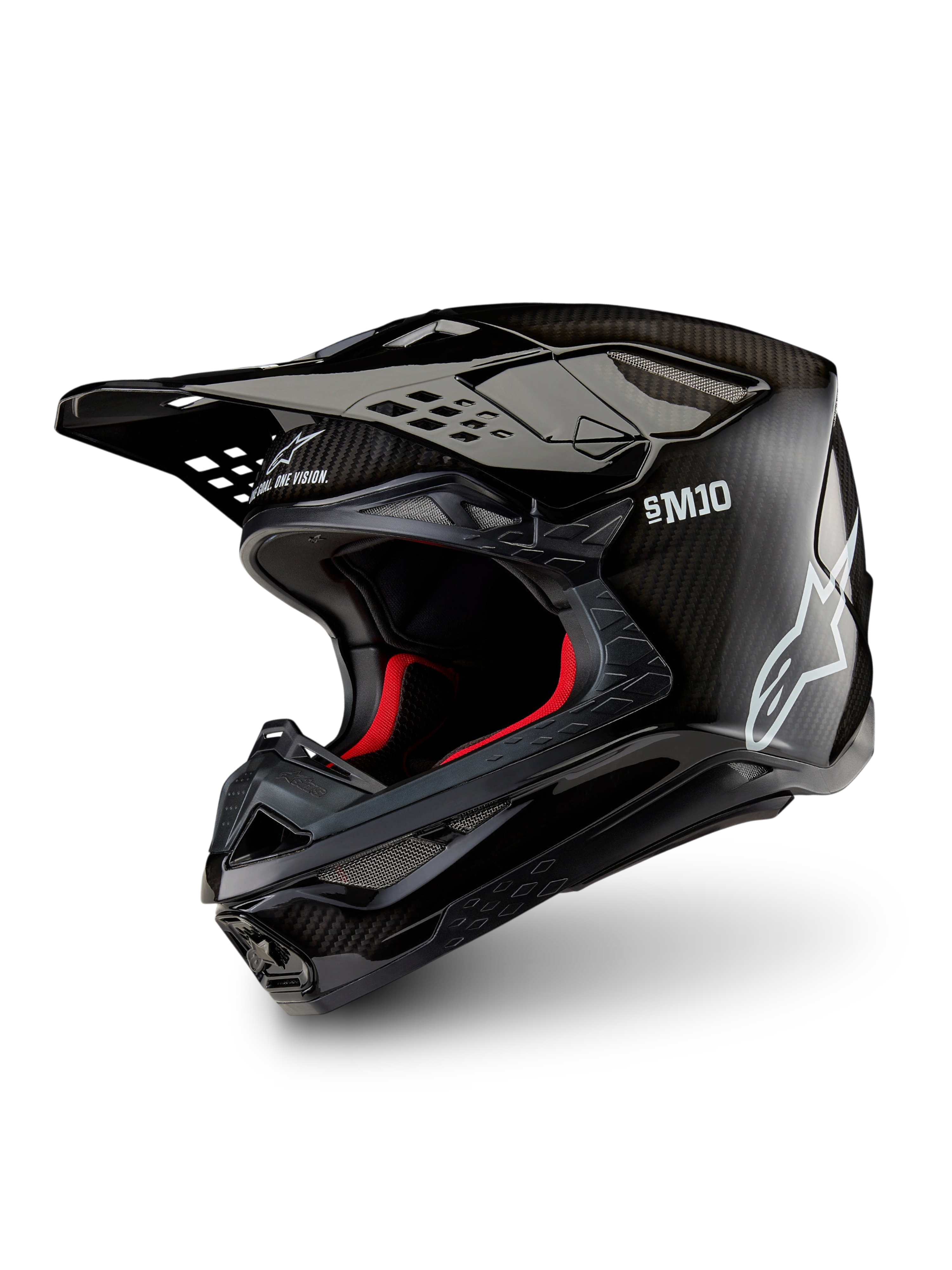 Alpinestars Supertech M10 Solid Helm ECE 22.06, glänzend schwarzer Carbon-Motocross-Helm mit Carbonfaserschale, Peak-Visier und rotem Innenfutter, Dreiviertelansicht.