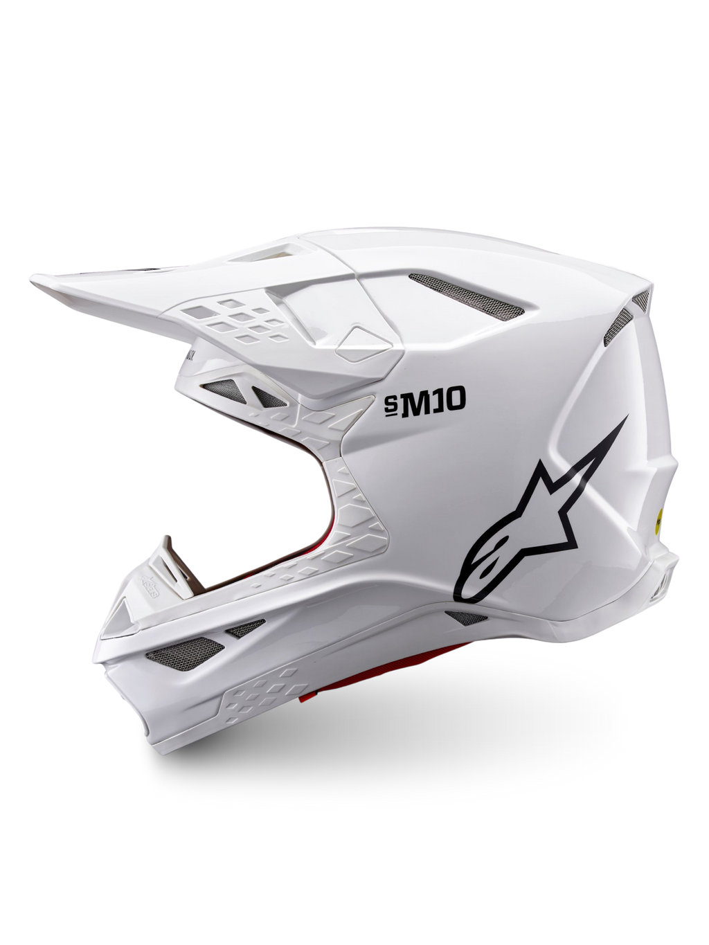 Alpinestars Supertech M10 Solid Helmet ECE 22.06, white glossy full-face motocross helmet with black logo, side profile and multiple ventilation ports