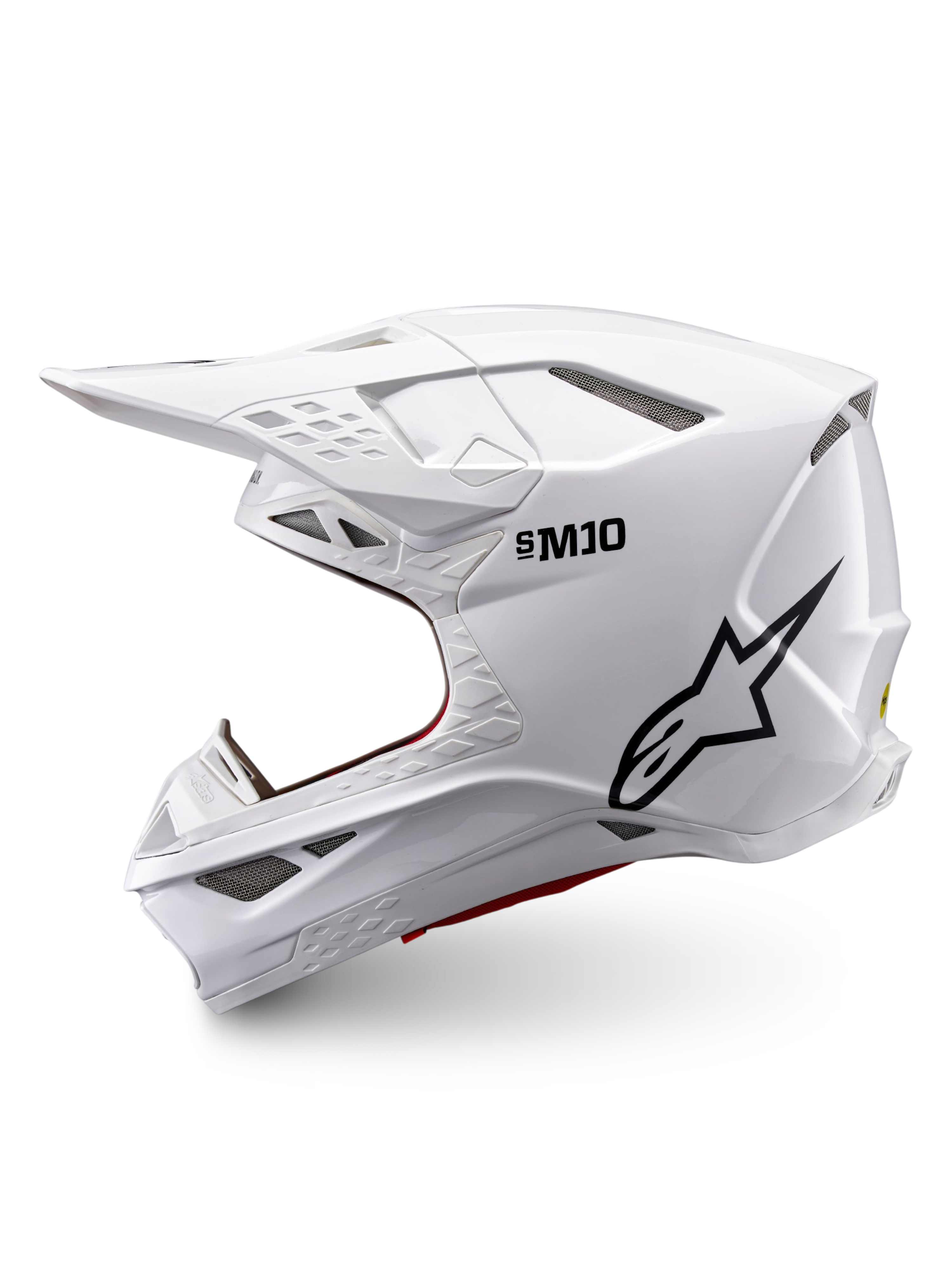 Alpinestars Supertech M10 Solid Helmet ECE 22.06, white glossy full-face motocross helmet with black logo, side profile and multiple ventilation ports