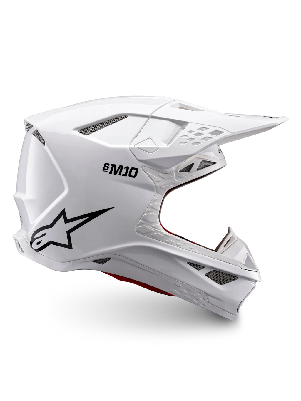 Alpinestars Supertech M10 Solid Helmet ECE 22.06, white glossy motocross helmet with black logo, peak visor and ventilated full-face design, side view