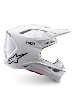 Alpinestars Supertech M10 Solid Helmet ECE 22.06, white glossy motocross helmet with black logo, peak visor and ventilated full-face design, side view