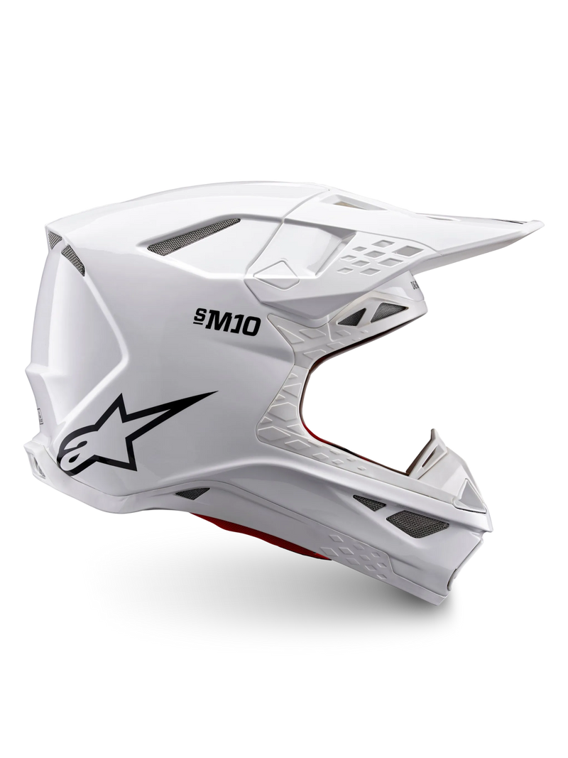 Alpinestars Supertech M10 Solid Helm ECE 22.06, weiß glänzender Motocross-Helm mit schwarzem Logo, Visier und belüftetem Vollvisierdesign, Seitenansicht