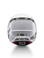 Alpinestars Supertech M10 Solid Helmet ECE 22.06, white glossy motocross helmet shown from the rear with black graphics, ventilation ports, MIPS and ECE certification label
