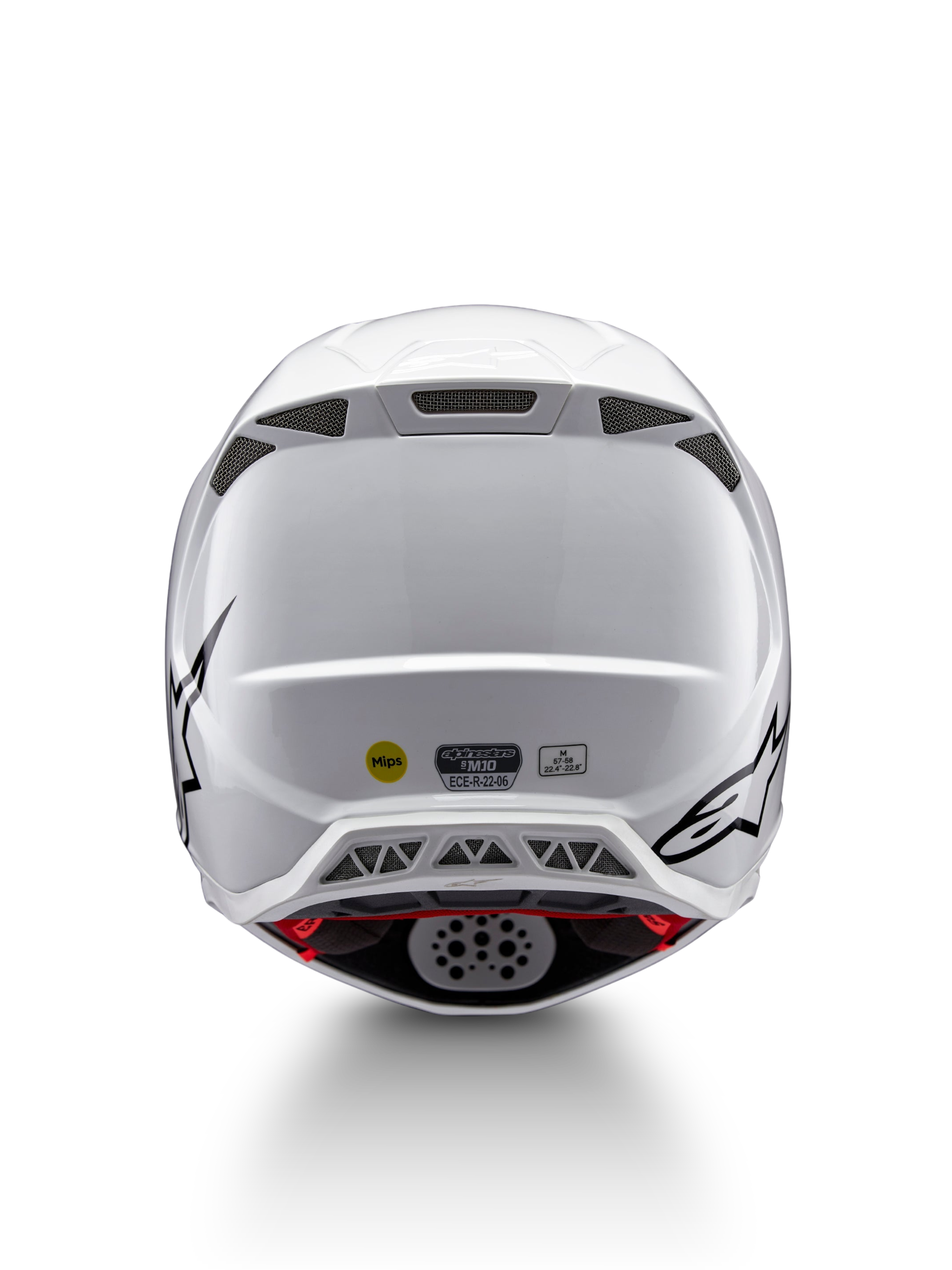 Alpinestars Supertech M10 Solid Helmet ECE 22.06, white glossy motocross helmet shown from the rear with black graphics, ventilation ports, MIPS and ECE certification label