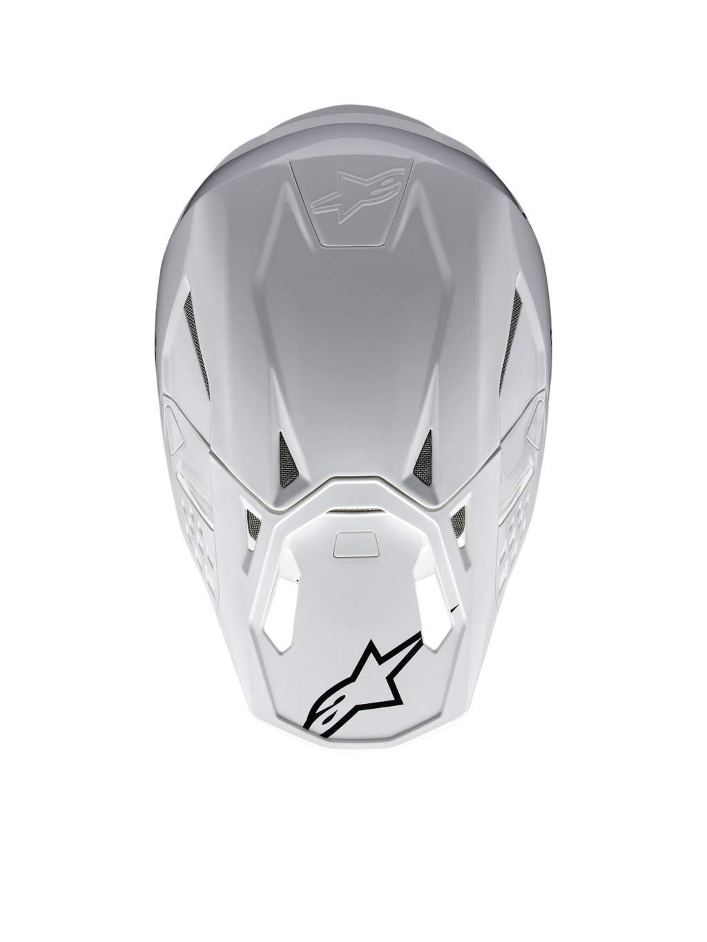 Alpinestars Supertech M10 Solid Helmet ECE 22.06, white glossy motocross helmet, rear view with ventilation ports and black Alpinestars logos, carbon and aramid composite shell