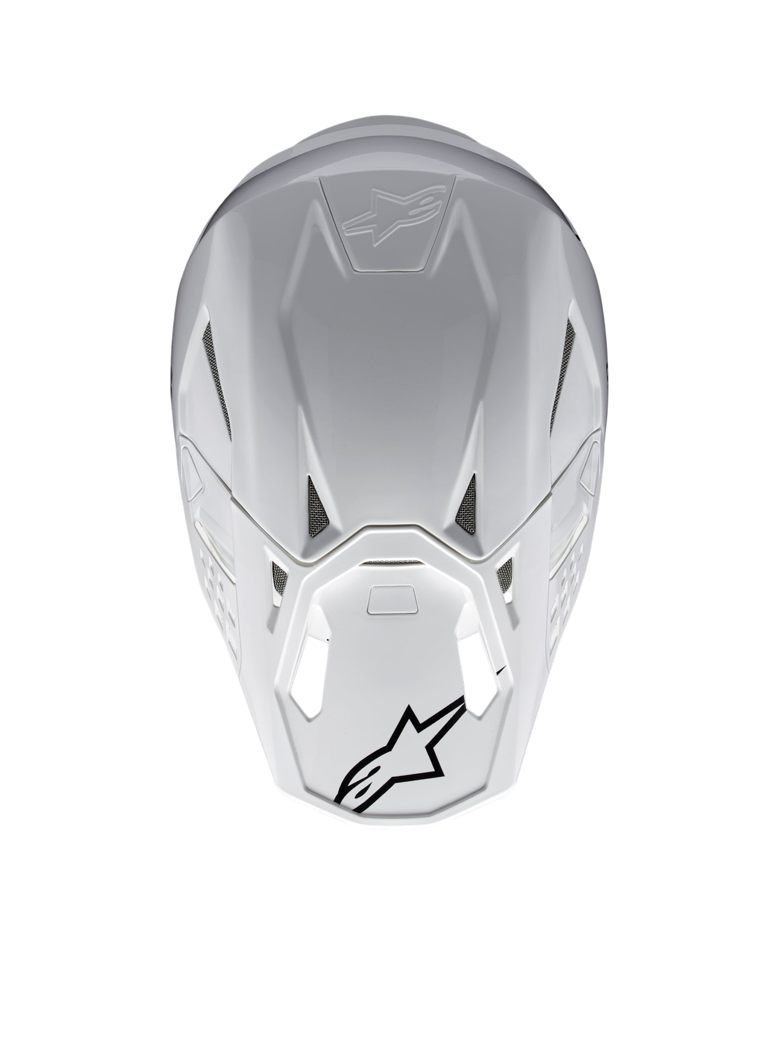 Alpinestars Supertech M10 Solid Helmet ECE 22.06, white glossy motocross helmet, rear view with ventilation ports and black Alpinestars logos, carbon and aramid composite shell