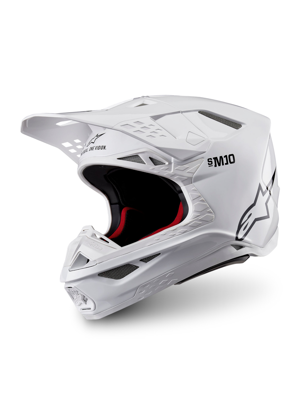 Alpinestars Supertech M10 Solid Helmet ECE 22.06, glossy white motocross helmet with black and red interior padding, peak visor and multiple ventilation ports, three-quarter product view