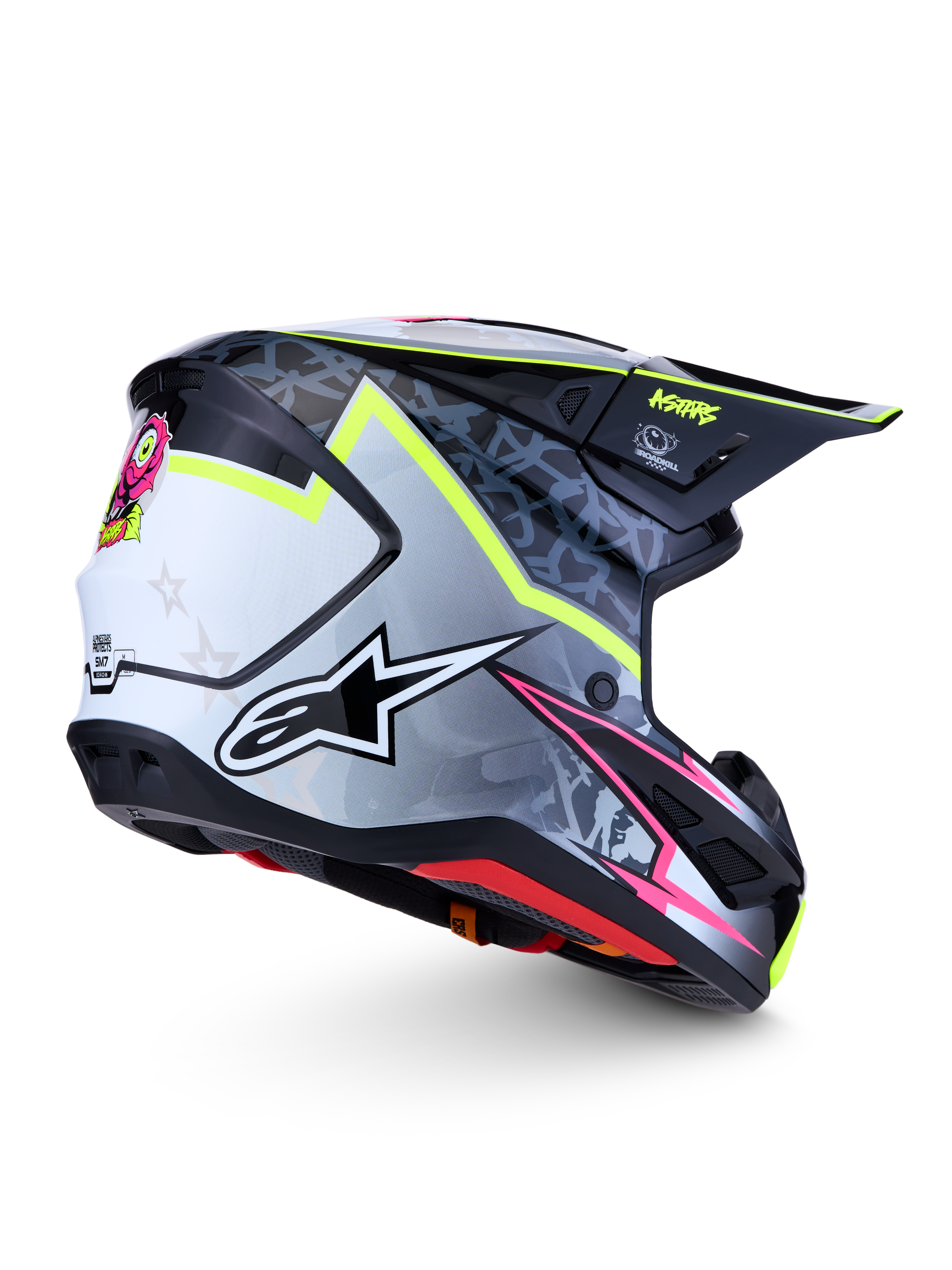 Alpinestars S-M7 Blaster Helm ECE06, Motocross-Helm in Schwarz und Grau mit fluoreszierend gelben Akzenten, ECE-zertifiziert.
