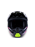 Alpinestars S-M7 Blaster Helm ECE06, Motocross-Helm für Geländefahrten, Schwarz mit fluo-gelben und pinkfarbenen Akzenten, Frontansicht mit sichtbaren Belüftungsöffnungen.