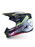 Alpinestars S-M7 Blaster Helm ECE06, Motocross-Helm, Schwarz und Grau mit neongelben und pinken Grafiken, ECE-zertifiziert.
