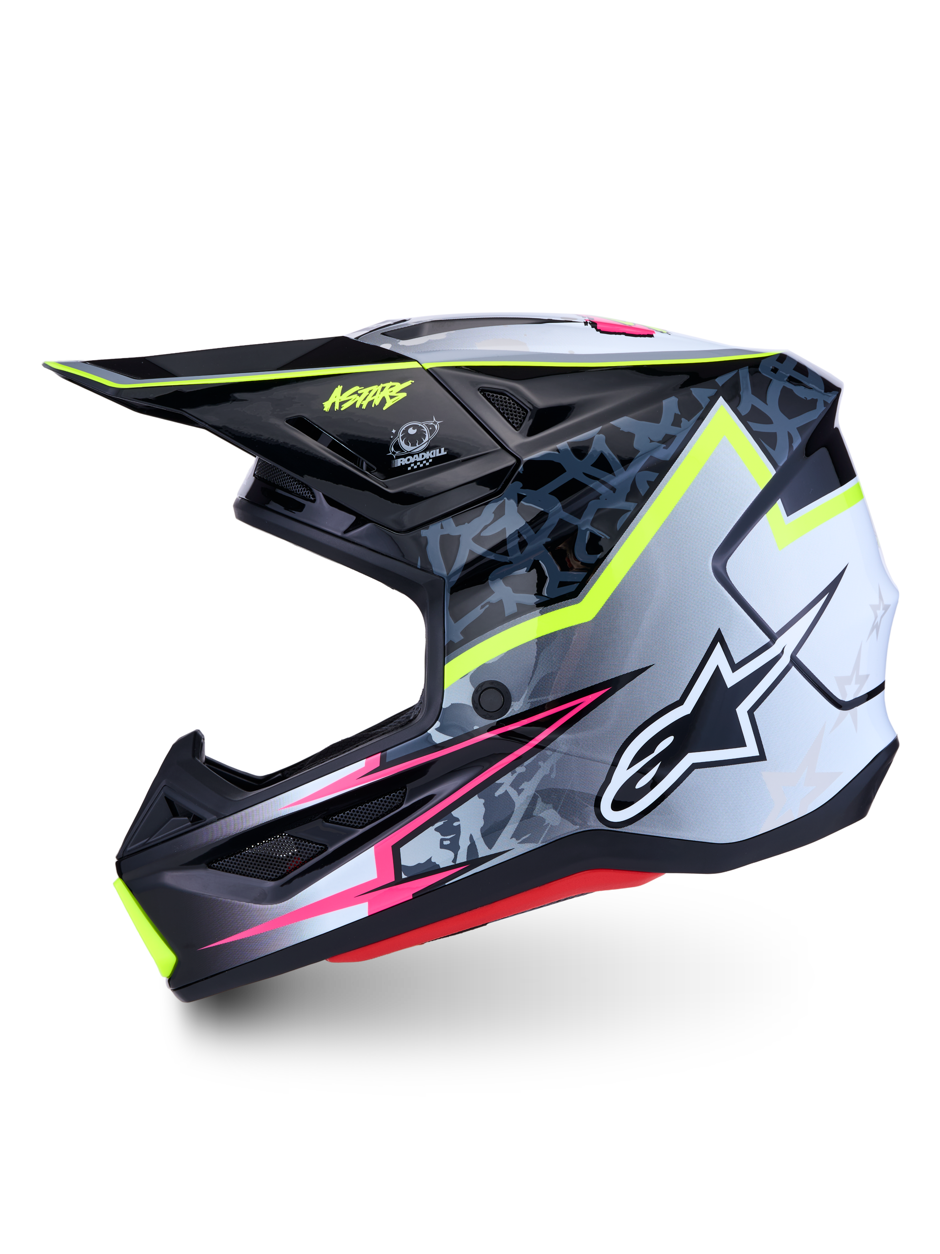 Alpinestars S-M7 Blaster Helm ECE06, Motocross-Helm, Schwarz und Grau mit neongelben und pinken Grafiken, ECE-zertifiziert.