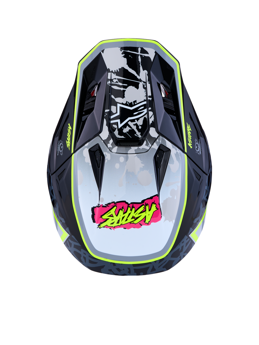 Alpinestars S-M7 Blaster Helm ECE06, Motocross-Helm in Schwarz und Gelb, Draufsicht mit aerodynamischer Schale und Grafiken.