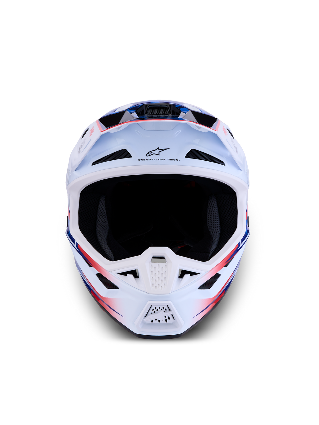 Alpinestars S-M7 Blaster Helm ECE06, professioneller Motocross-Helm, Frontansicht in Weiß, Blau und Rot glänzend, aerodynamische Verbundschale mit Belüftungsöffnungen, ECE 22.06 zertifiziert